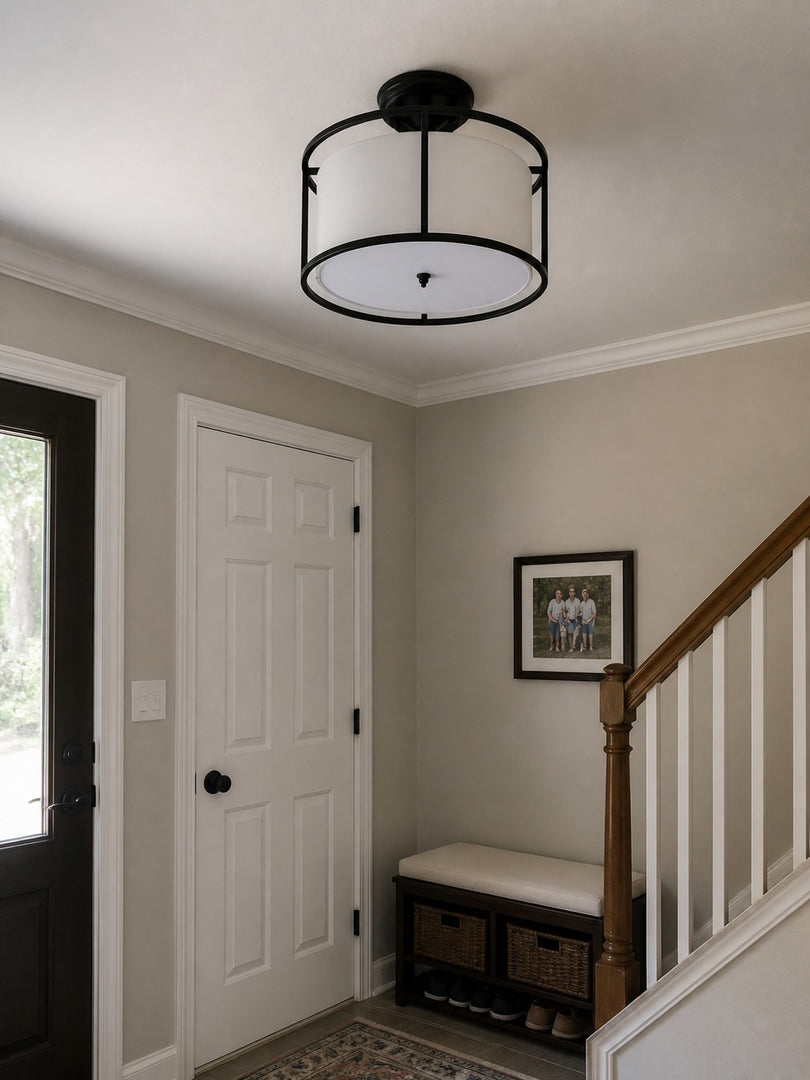 Plafonnier semi-encastré Dumora avec abat-jour tambour en tissu et cadre métallique arrondi, pour chambre et salle à manger