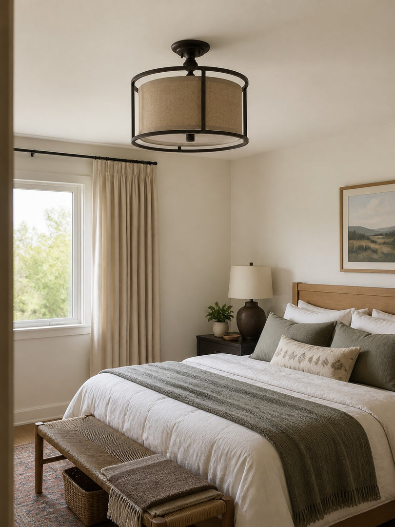 Plafonnier semi-encastré Dumora avec abat-jour tambour en tissu et cadre métallique arrondi, pour chambre et salle à manger