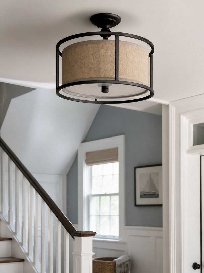 Plafonnier semi-encastré Dumora avec abat-jour tambour en tissu et cadre métallique arrondi, pour chambre et salle à manger