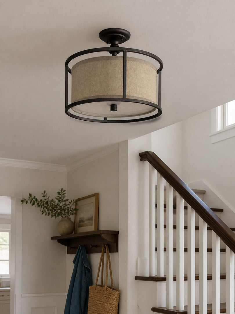 Plafonnier semi-encastré Dumora avec abat-jour tambour en tissu et cadre métallique arrondi, pour chambre et salle à manger