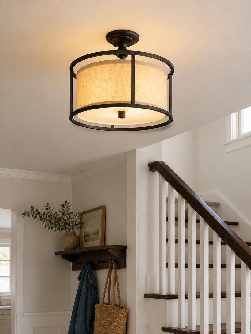 Plafonnier semi-encastré Dumora avec abat-jour tambour en tissu et cadre métallique arrondi, pour chambre et salle à manger