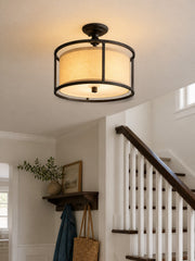 Dumora Fabric Drum Shade Semi-Flush Mount Ceiling Light with Rounded Metal Frame for Bedroom and Dining Room
