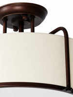 Cargar imagen en el visor de la Galería, Lámpara de techo semiempotrada Dumora de 3 luces con pantalla cilíndrica de tela color marfil y estructura metálica marrón café