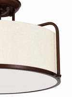 Cargar imagen en el visor de la Galería, Lámpara de techo semiempotrada Dumora de 3 luces con pantalla cilíndrica de tela color marfil y estructura metálica marrón café