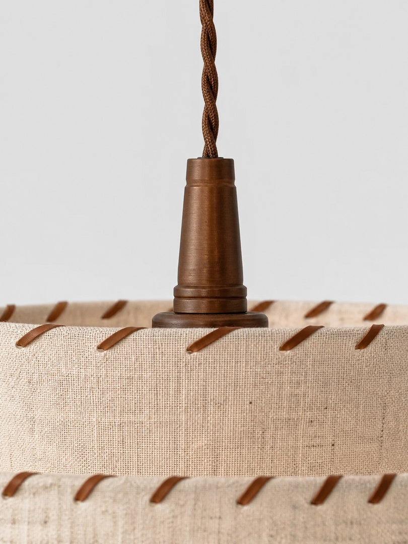 Layered Drum Fabric Shade Pendant Light with Stitched Trim and Wood Base Suspension Fitting