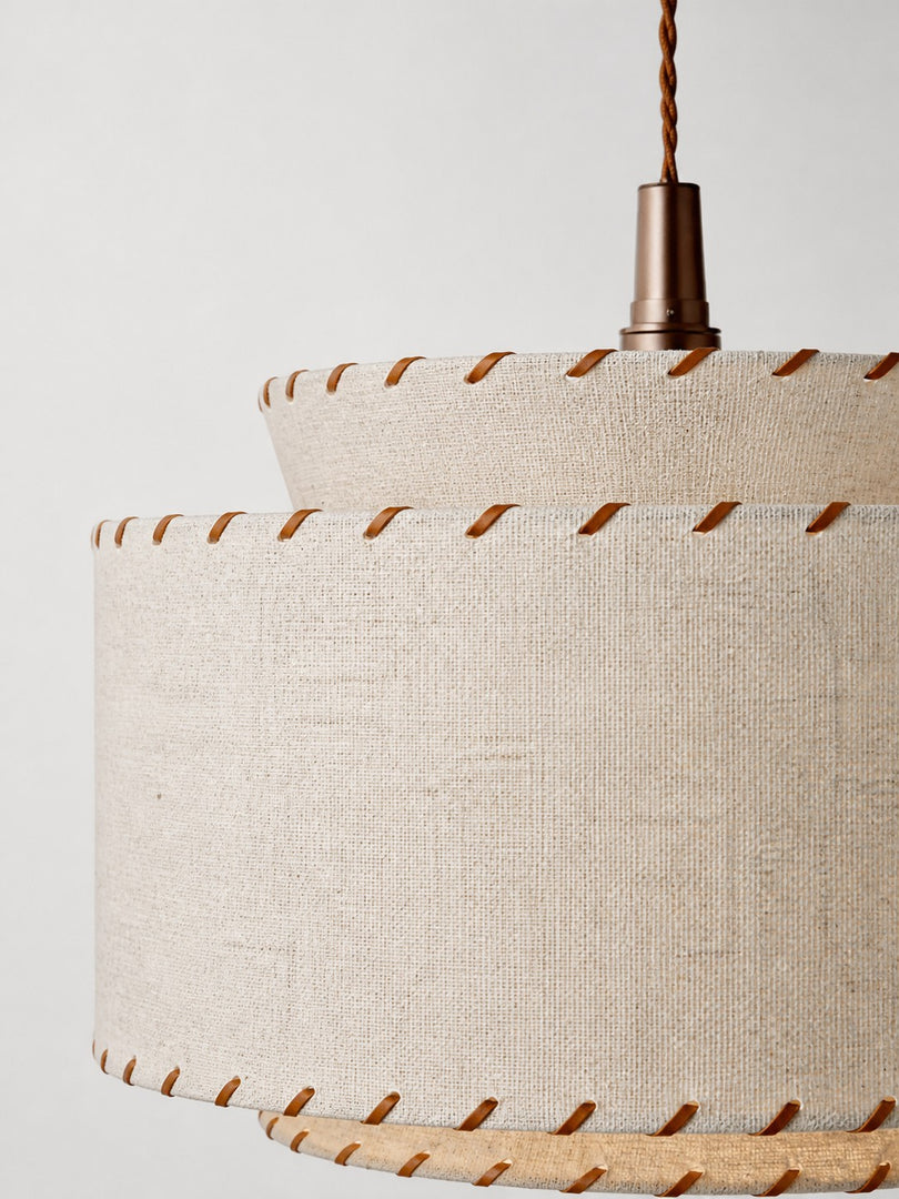 Layered Drum Fabric Shade Pendant Light with Stitched Trim and Wood Base Suspension Fitting