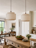 Load image into Gallery viewer, Layered Drum Fabric Shade Pendant Light with Stitched Trim and Wood Base Suspension Fitting