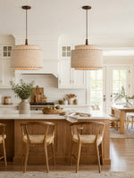 Load image into Gallery viewer, Layered Drum Fabric Shade Pendant Light with Stitched Trim and Wood Base Suspension Fitting