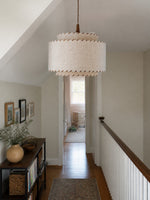 Load image into Gallery viewer, Layered Drum Fabric Shade Pendant Light with Stitched Trim and Wood Base Suspension Fitting