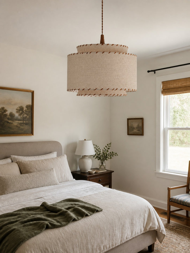 Layered Drum Fabric Shade Pendant Light with Stitched Trim and Wood Base Suspension Fitting