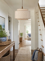 Load image into Gallery viewer, Layered Drum Fabric Shade Pendant Light with Stitched Trim and Wood Base Suspension Fitting