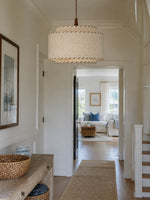 Load image into Gallery viewer, Layered Drum Fabric Shade Pendant Light with Stitched Trim and Wood Base Suspension Fitting