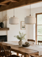 Load image into Gallery viewer, Layered Drum Fabric Shade Pendant Light with Stitched Trim and Wood Base Suspension Fitting