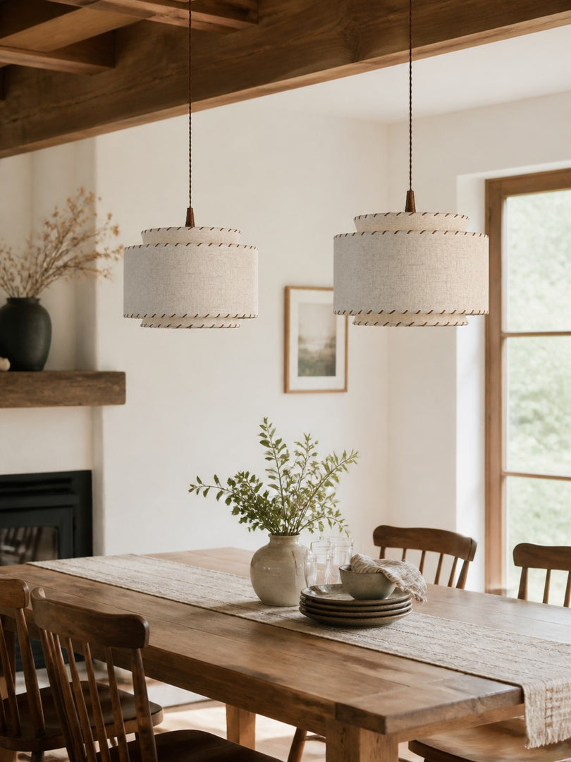 Layered Drum Fabric Shade Pendant Light with Stitched Trim and Wood Base Suspension Fitting