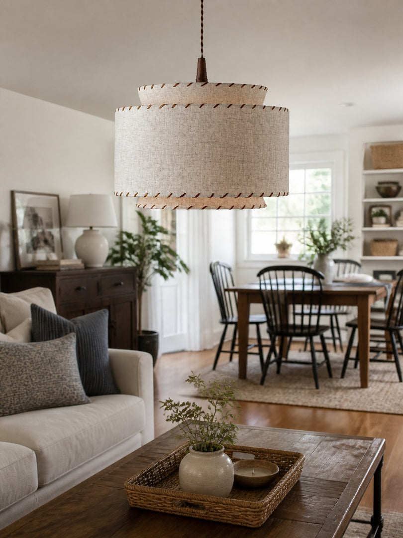 Layered Drum Fabric Shade Pendant Light with Stitched Trim and Wood Base Suspension Fitting