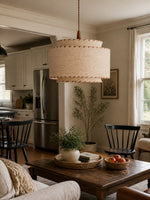 Load image into Gallery viewer, Layered Drum Fabric Shade Pendant Light with Stitched Trim and Wood Base Suspension Fitting