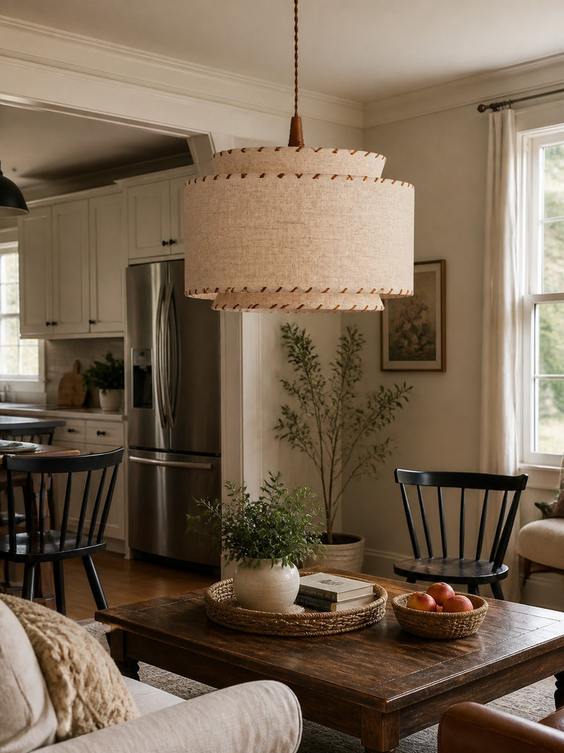 Layered Drum Fabric Shade Pendant Light with Stitched Trim and Wood Base Suspension Fitting