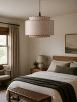 Load image into Gallery viewer, Layered Drum Fabric Shade Pendant Light with Stitched Trim and Wood Base Suspension Fitting