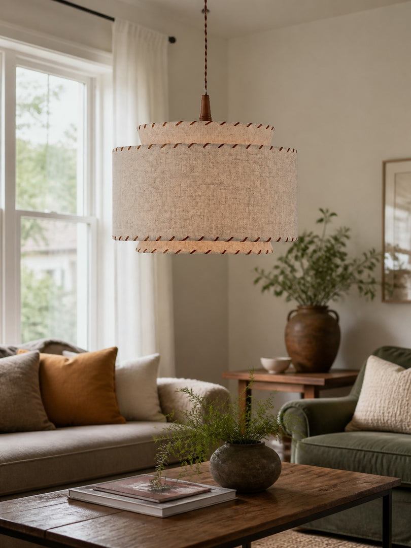 Layered Drum Fabric Shade Pendant Light with Stitched Trim and Wood Base Suspension Fitting