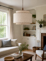 Load image into Gallery viewer, Layered Drum Fabric Shade Pendant Light with Stitched Trim and Wood Base Suspension Fitting