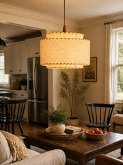 Layered Drum Fabric Shade Pendant Light with Stitched Trim and Wood Base Suspension Fitting