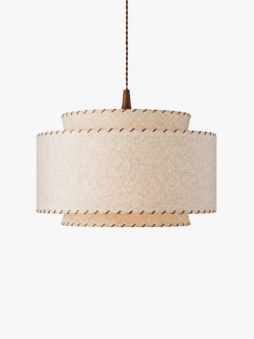 Layered Drum Fabric Shade Pendant Light with Stitched Trim and Wood Base Suspension Fitting