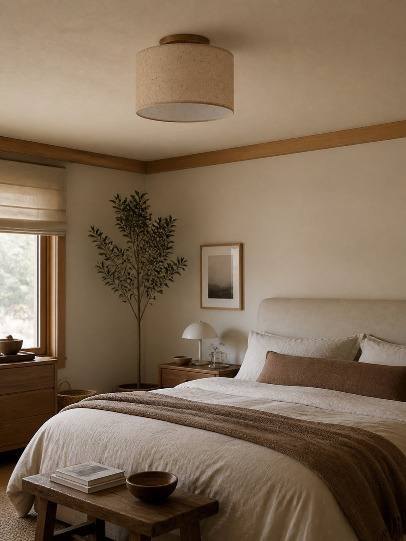 Lámpara de techo empotrada de papel de arroz natural con textura orgánica, pantalla cilíndrica semienrasada para dormitorio y salón