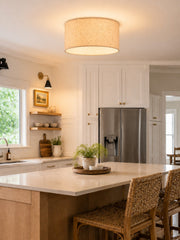 Natural Rice Paper Flush Mount Ceiling Light with Organic Texture, Drum Semi-Flush Fixture for Bedroom and Living Room