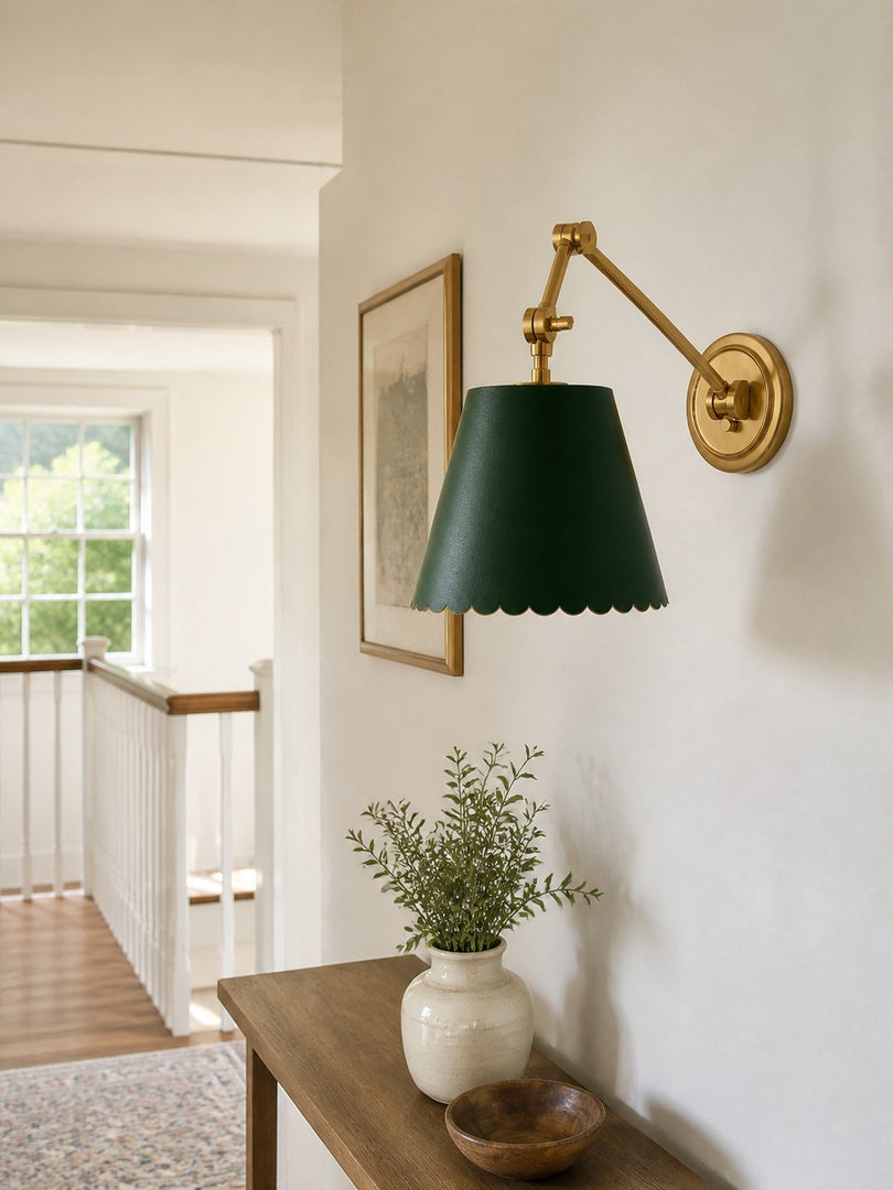 Foldray Scalloped Leather Drum Shade Wall Sconce – Modern Rustic Wall Light for Bedroom