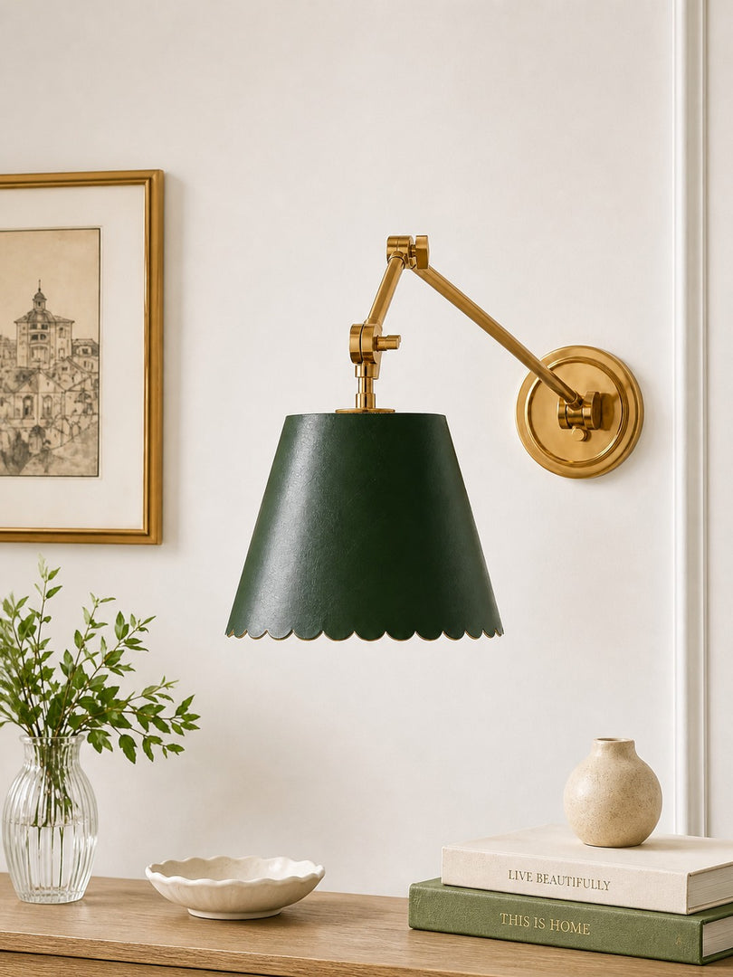 Foldray Scalloped Leather Drum Shade Wall Sconce – Modern Rustic Wall Light for Bedroom
