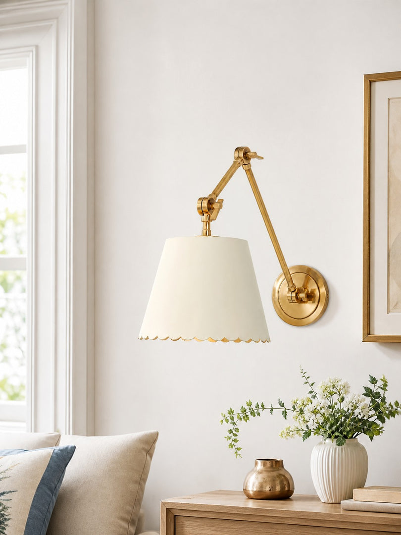 Foldray Scalloped Leather Drum Shade Wall Sconce – Modern Rustic Wall Light for Bedroom