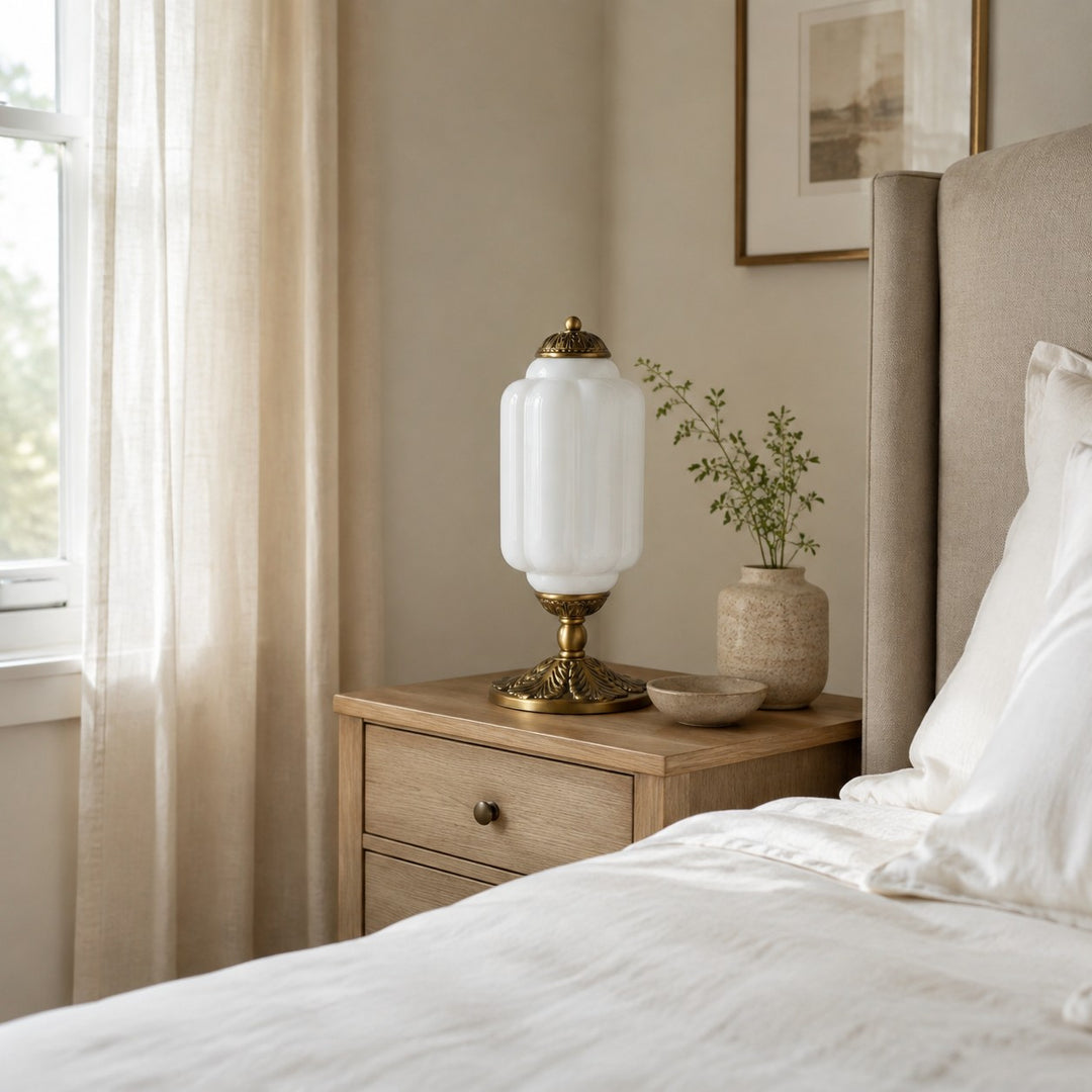 Eloise Scallop Glass Shade Vintage-Inspired Table Lamp for Bedroom and Living Room Accent Lighting