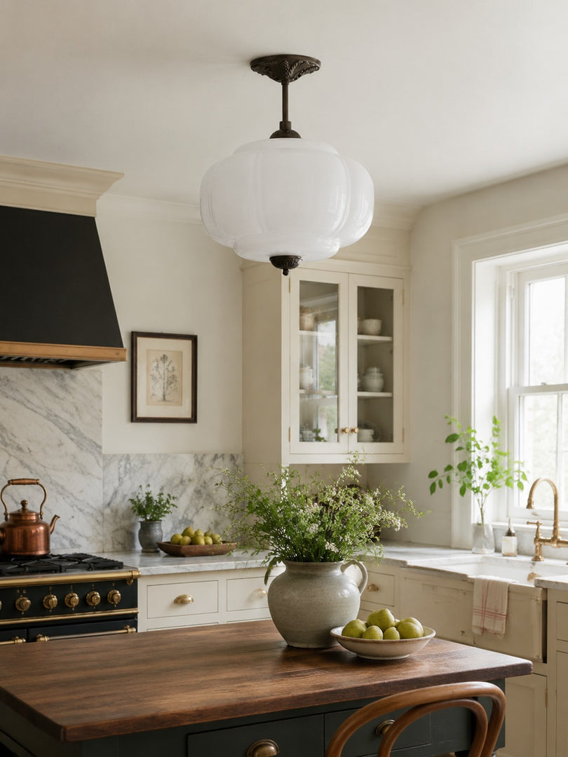Eloise Scallop Vintage Milk Glass Semi Flush Mount Pendant Light