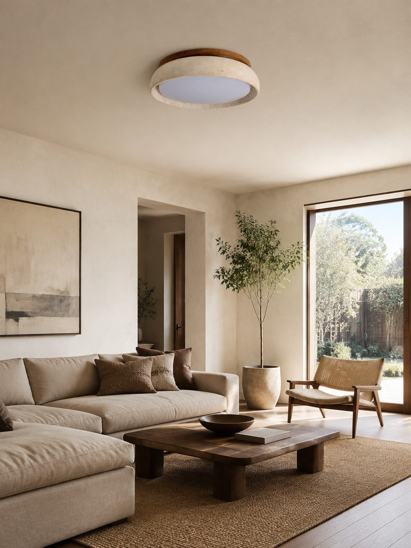 Travira Sculptural Travertine Ceiling Fixture - Soft Ambient Light for Bedroom Living Room or Entryway