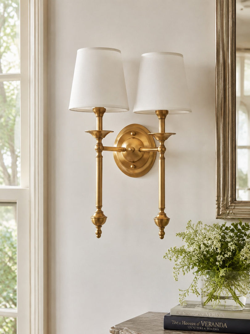 Aplique de pared con pantalla de tela Rowan en cobre antiguo: lámpara vintage de lujo para interiores 