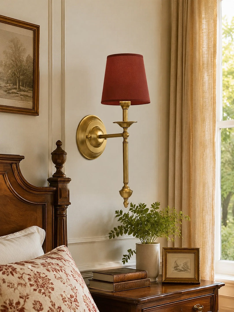 Aplique de pared con pantalla de tela Rowan en cobre antiguo: lámpara vintage de lujo para interiores 