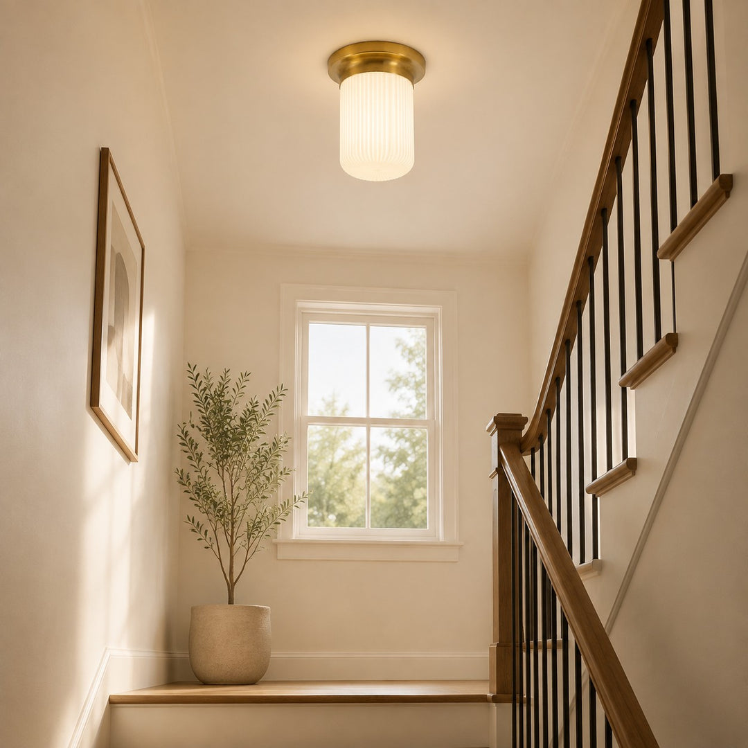Rivora Textured Ribbed Glass Flush Ceiling Light — Elegant Low-Profile Fixture for Entryways
