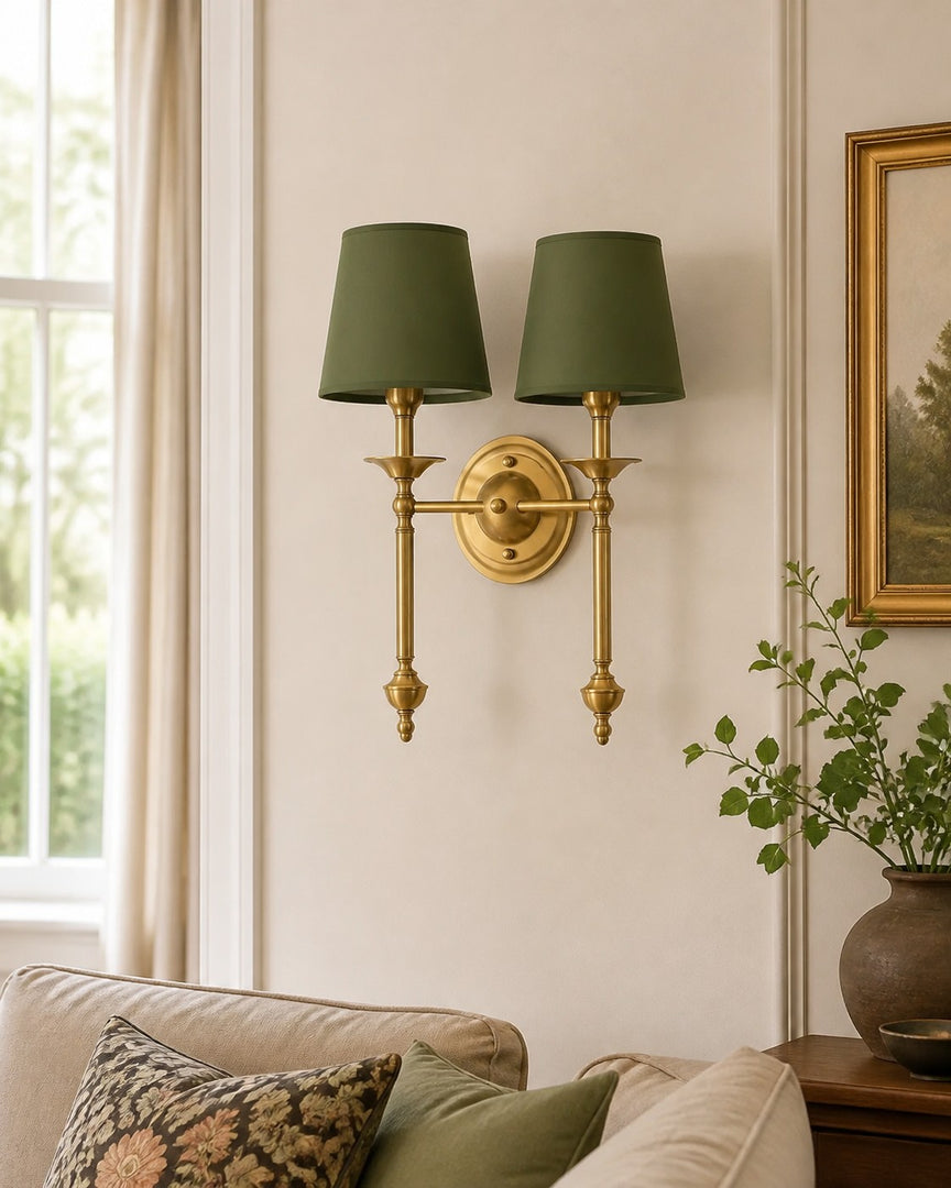 Aplique de pared con pantalla de tela Rowan en cobre antiguo: lámpara vintage de lujo para interiores 