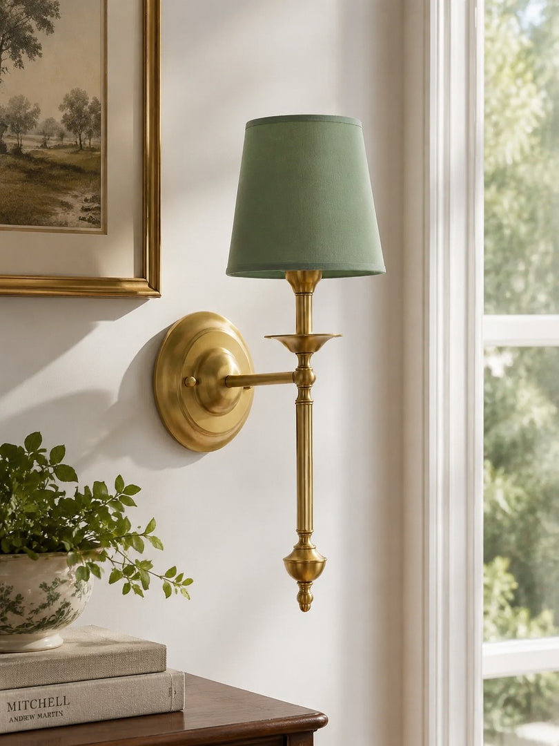 Aplique de pared con pantalla de tela Rowan en cobre antiguo: lámpara vintage de lujo para interiores 