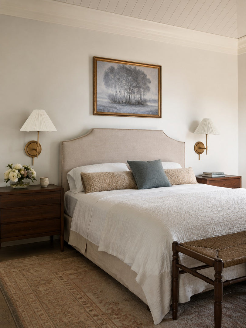 Blossine Wandleuchte aus Bronze mit Leinenschirm – klassische, plissierte Stoffwandleuchte für Schlafzimmer und Flur