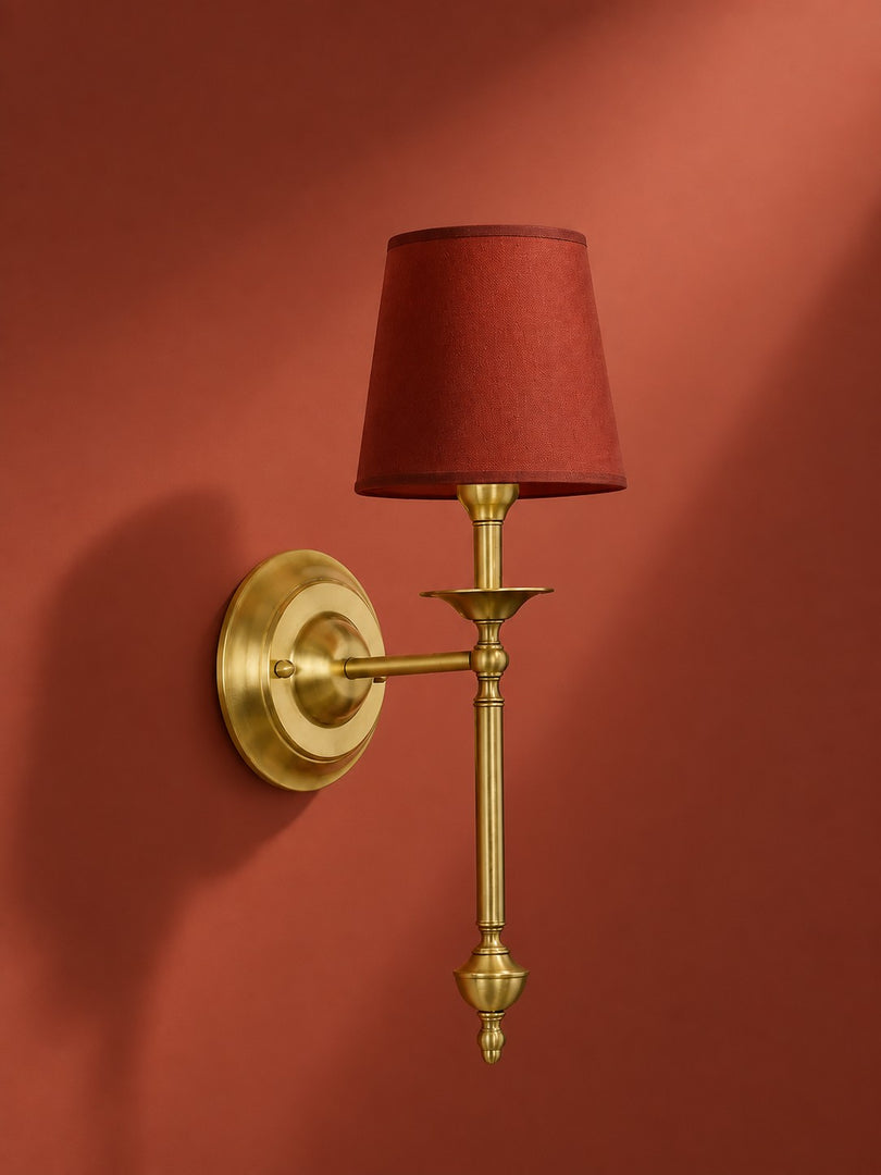 Aplique de pared con pantalla de tela Rowan en cobre antiguo: lámpara vintage de lujo para interiores 