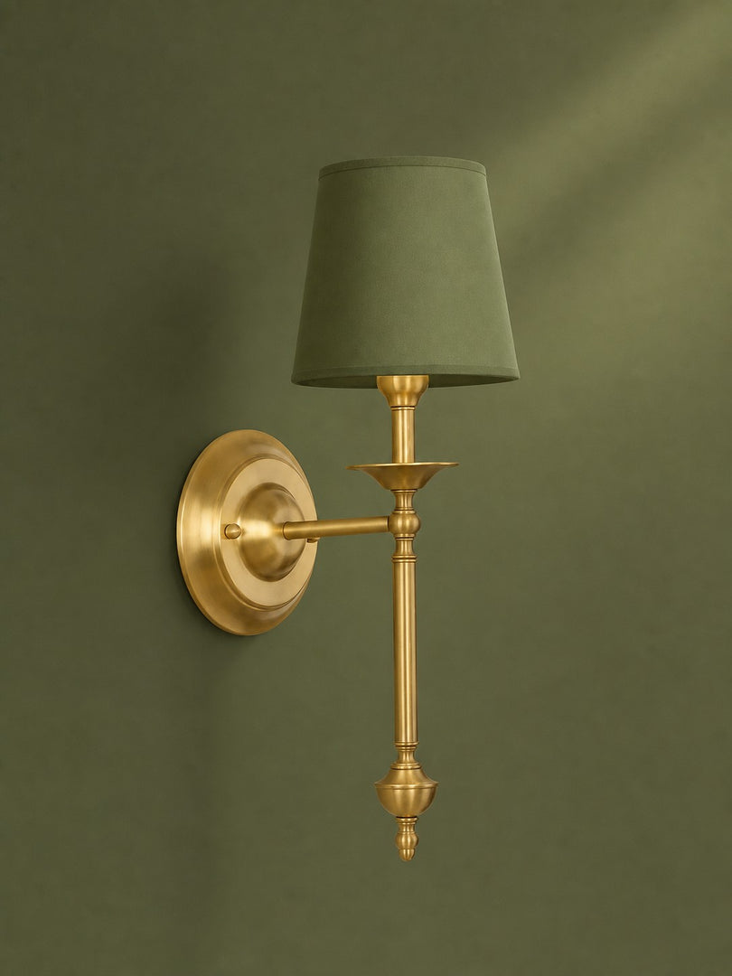 Aplique de pared con pantalla de tela Rowan en cobre antiguo: lámpara vintage de lujo para interiores 