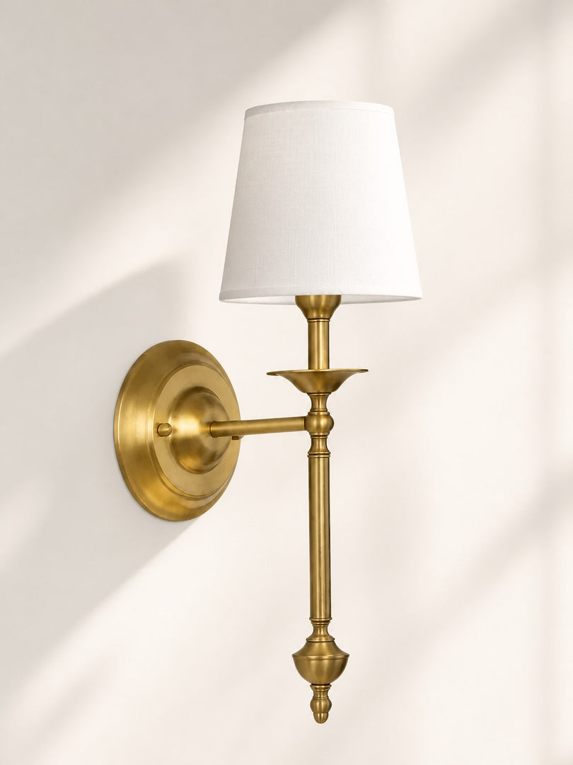 Aplique de pared con pantalla de tela Rowan en cobre antiguo: lámpara vintage de lujo para interiores 