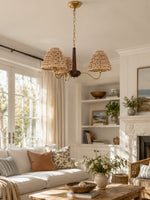Load image into Gallery viewer, Solmire Rustic Chandelier - Wood and Metal Floral Fabric Shades for Living Room