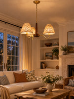 Load image into Gallery viewer, Solmire Rustic Chandelier - Wood and Metal Floral Fabric Shades for Living Room