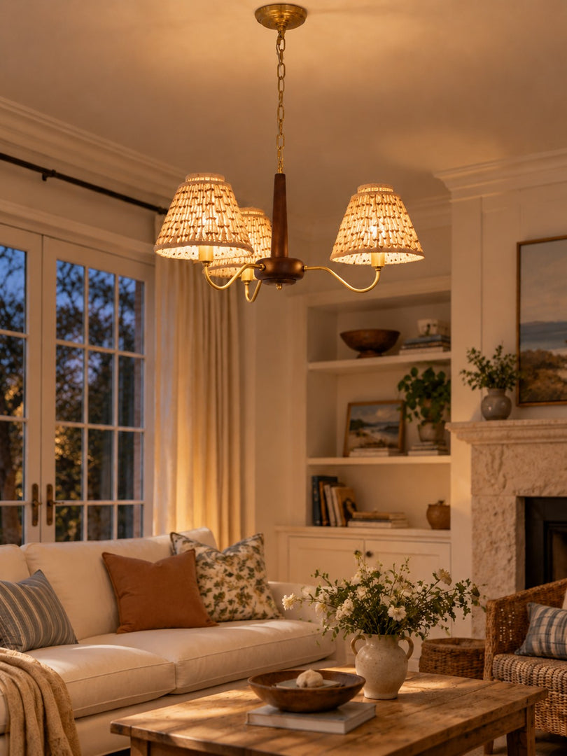 Solmire Rustic Chandelier - Wood and Metal Floral Fabric Shades for Living Room