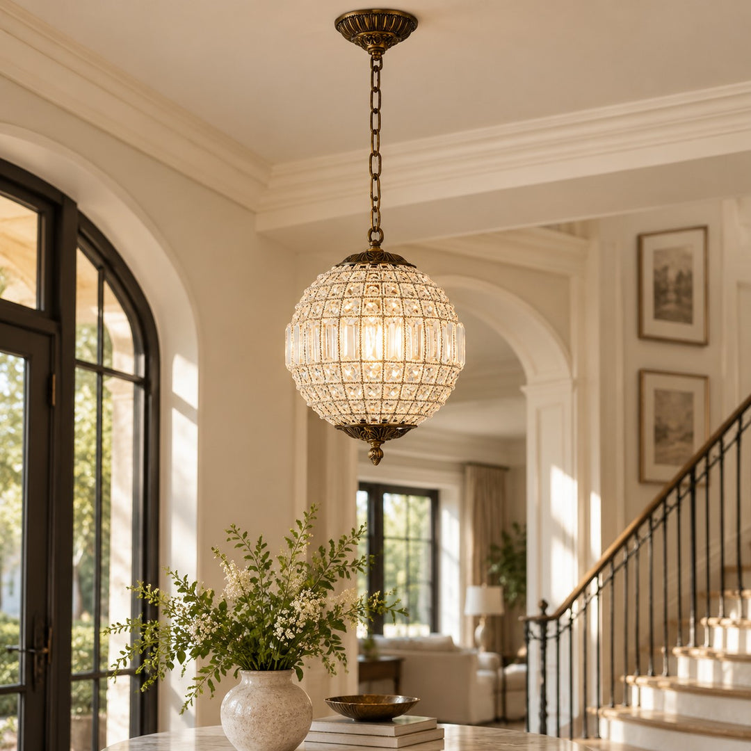 Luxurious Vintage Crystal Globe Chandelier with Antique Brass Finish