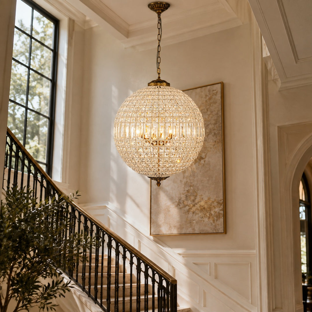 Luxurious Vintage Crystal Globe Chandelier with Antique Brass Finish