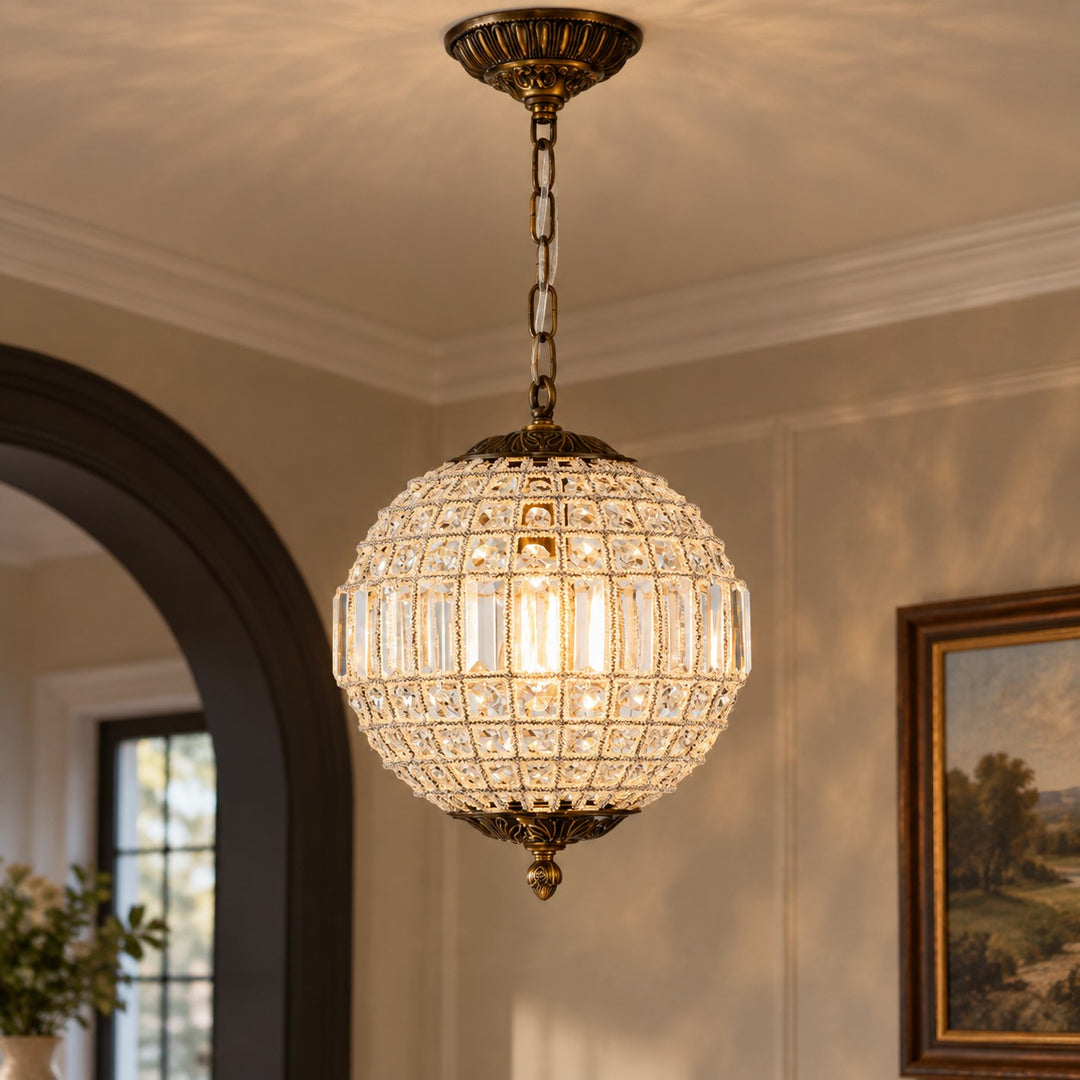 Luxurious Vintage Crystal Globe Chandelier with Antique Brass Finish