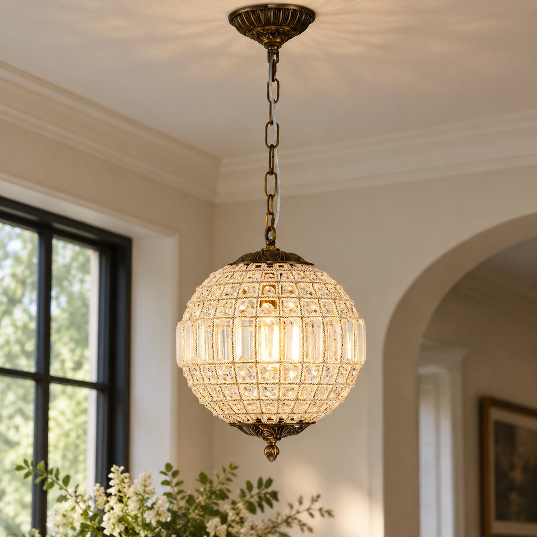 Luxurious Vintage Crystal Globe Chandelier with Antique Brass Finish
